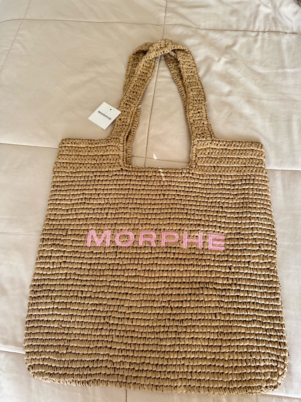 Morphe Tan Crochet Tote Bag with Pink Logo LIMITED EDITION! NWT!